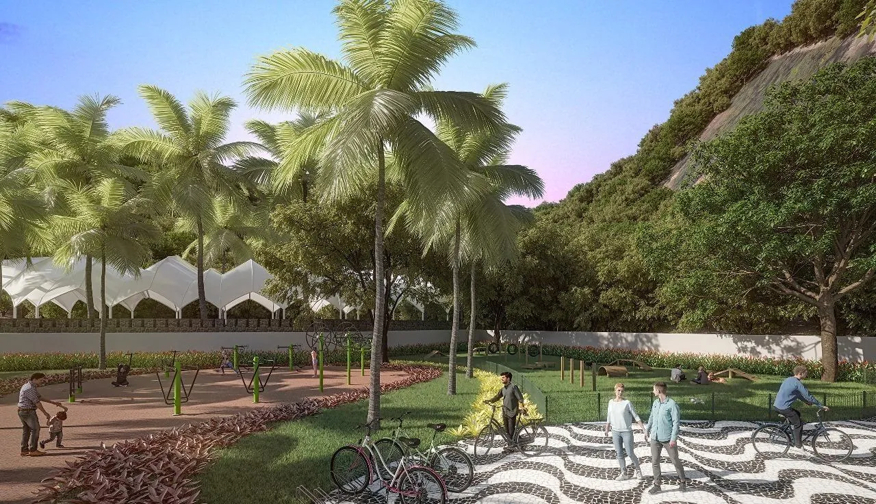 Renderização do parque externo do Complexo Cultural — calçadão, palmeiras e ciclistas