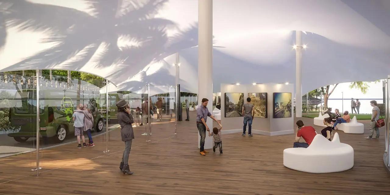 Renderização interna do espaço expositivo coberto — galeria de arte com visitantes