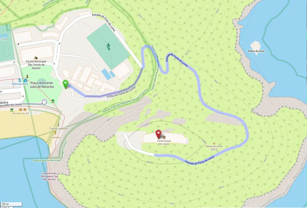 Mapa detalhado da trilha de acesso ao Forte Duque de Caxias