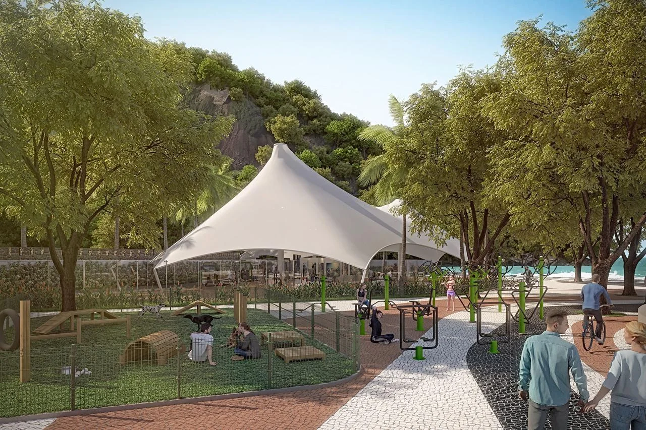 Renderização da área de convivência — tenda tensionada, playground e espaço pet