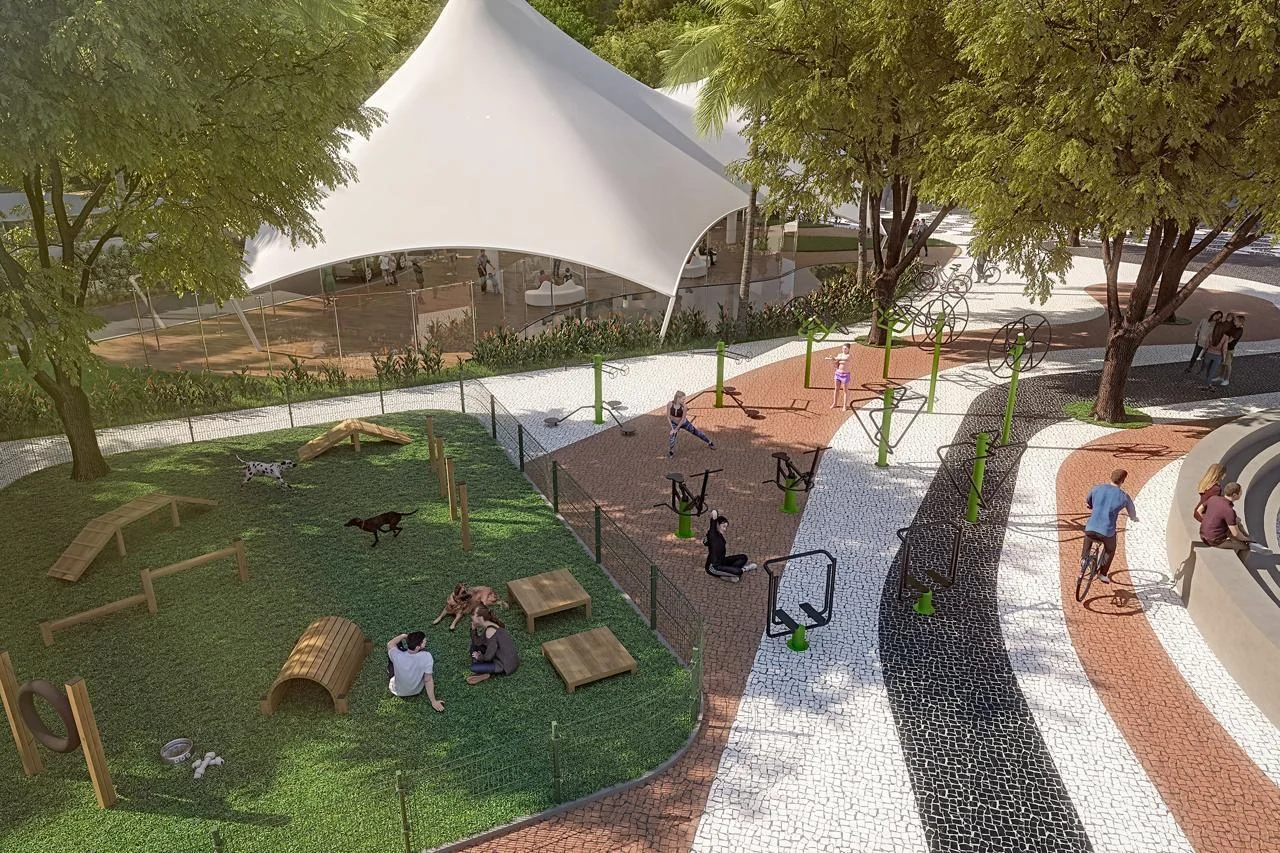 Vista aérea da renderização do complexo — academia ao ar livre, espaço pet e ciclistas