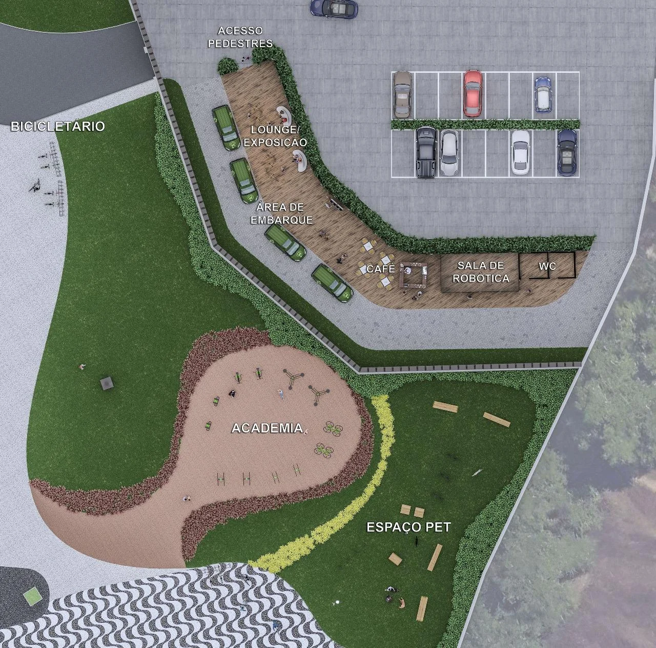 Planta do Complexo Cultural — bicicletário, academia, sala de robótica e espaço pet