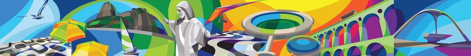 Arte urbana representando os pontos turísticos do Rio — Cristo Redentor, Pão de Açúcar e Arcos da Lapa