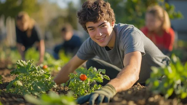 Jovem aprendendo agricultura sustentável na horta comunitária